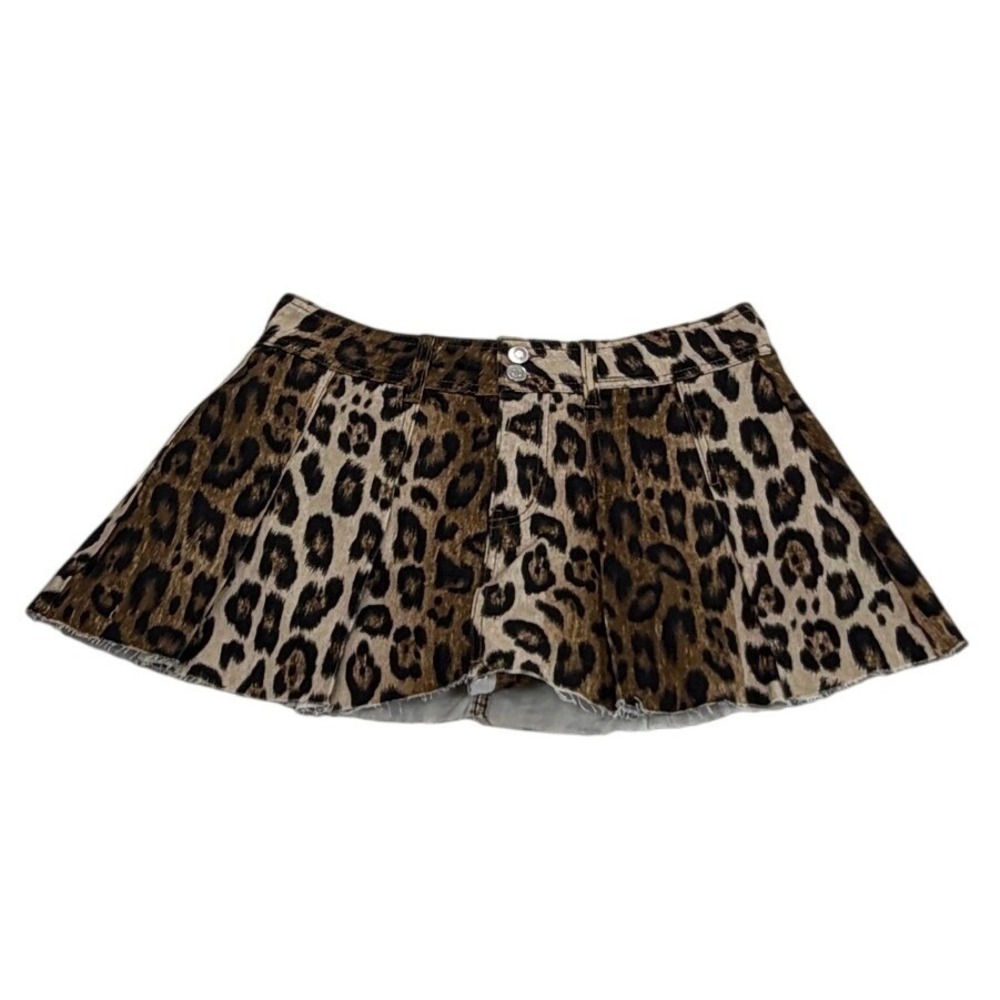 GB Leopard Print Pleated Mini Skirt Brown Black Raw Hem Size M - Picture 2 of 7